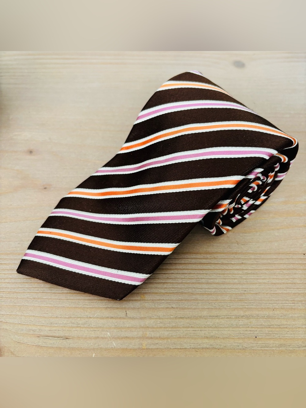 RODA Handmade Italy Brown Pink Orange Striped Silk Cotton Necktie